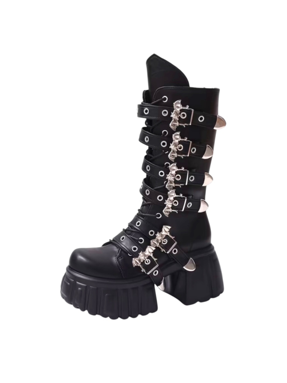 Gothic Punk Black Platform Goth Boots with Bat Buckles Size 9